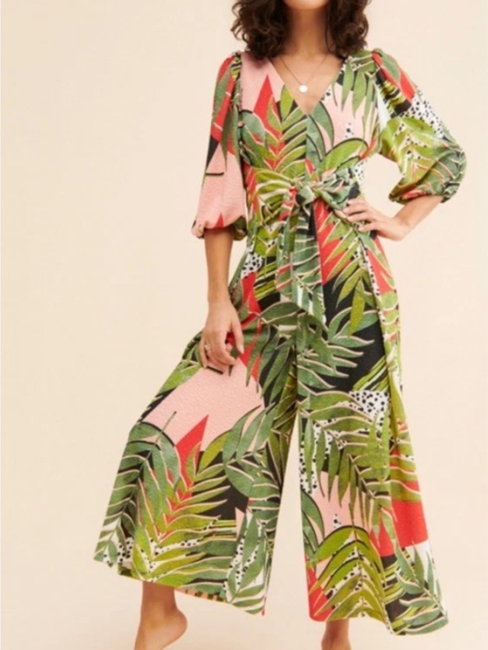 Hutch Tropical Leaf-Print Wide-Leg Jumpsuit in Green & Pink